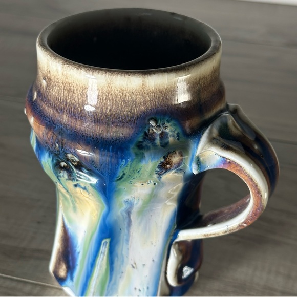 VINTAGE PHIL MAYHEW Blue Green Hand Thrown Drip Glaze Twist Pottery Coffee Mug - Picture 6 of 15